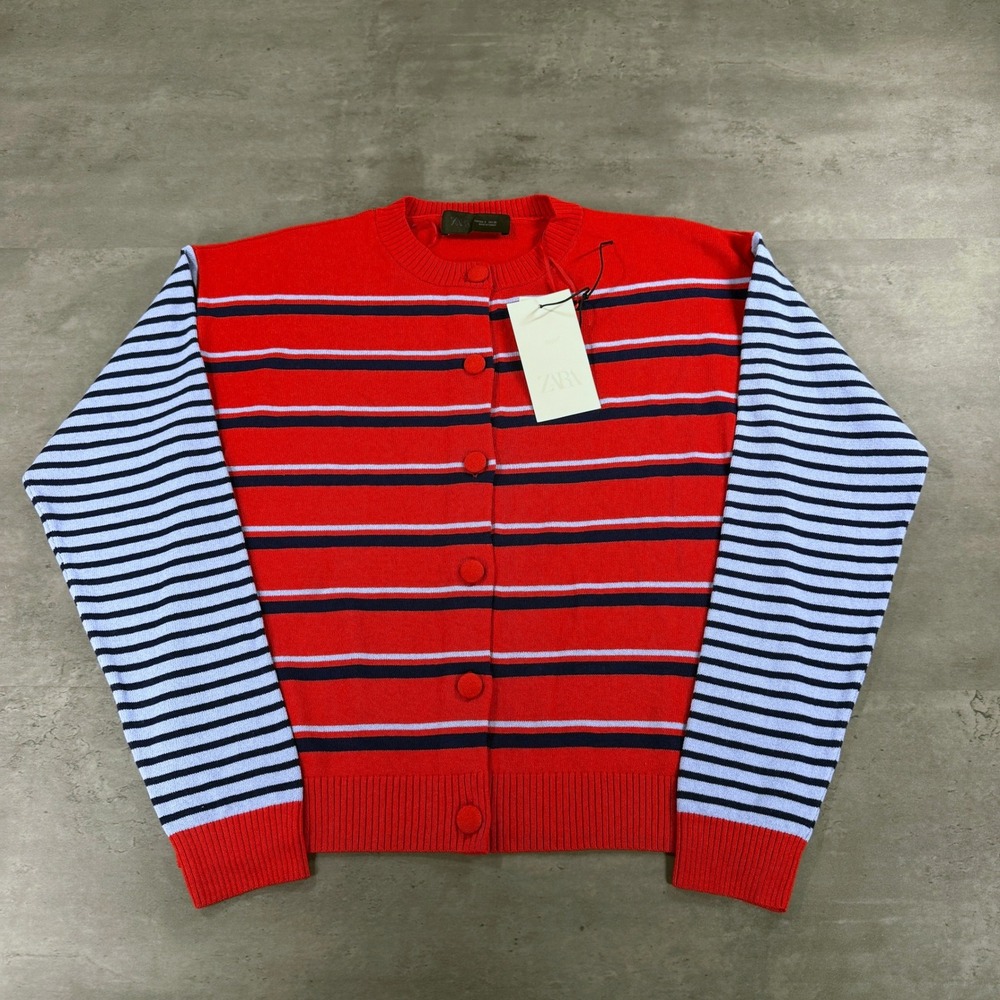 Zara Cardigan Sweater Womens S Blue Red Striped Button-Front NEW Twee Multicolor